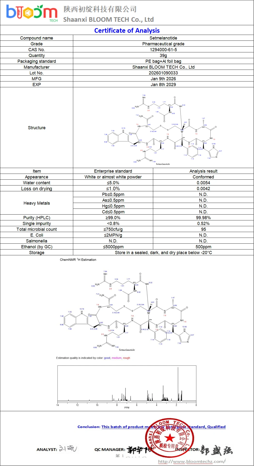Setmelanotide COA | Shaanxi BLOOM Tech Co., Ltd Setmelanotide COA | Shaanxi BLOOM Tech Co., Ltd